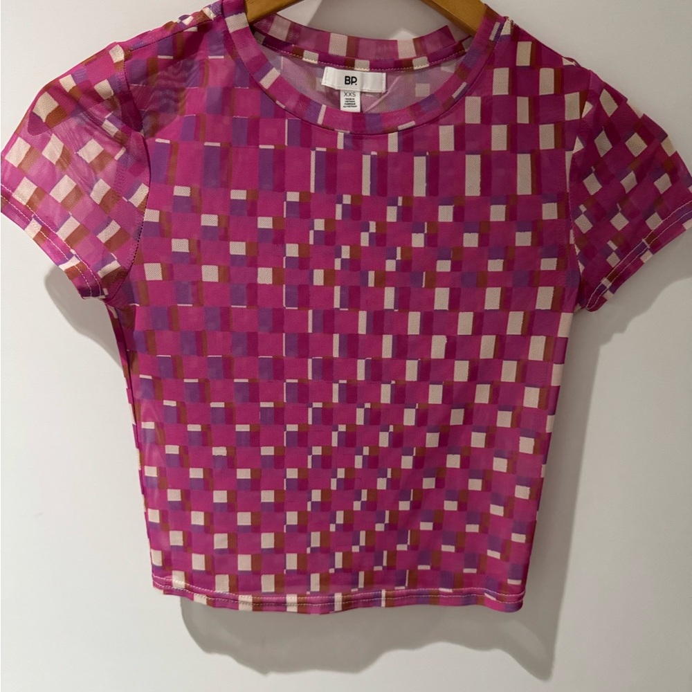 BP Pink and Purple Geometric Mesh Top (XXS, EUC)